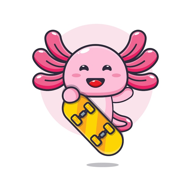 Simpatico personaggio dei cartoni animati della mascotte di axolotl con lo skateboard