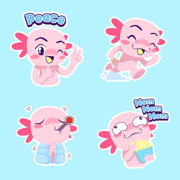 Cute axolotl sticker vector set