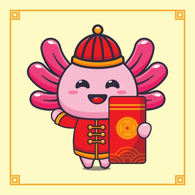 Vector cute axolotl with big red envelope in chinese new year