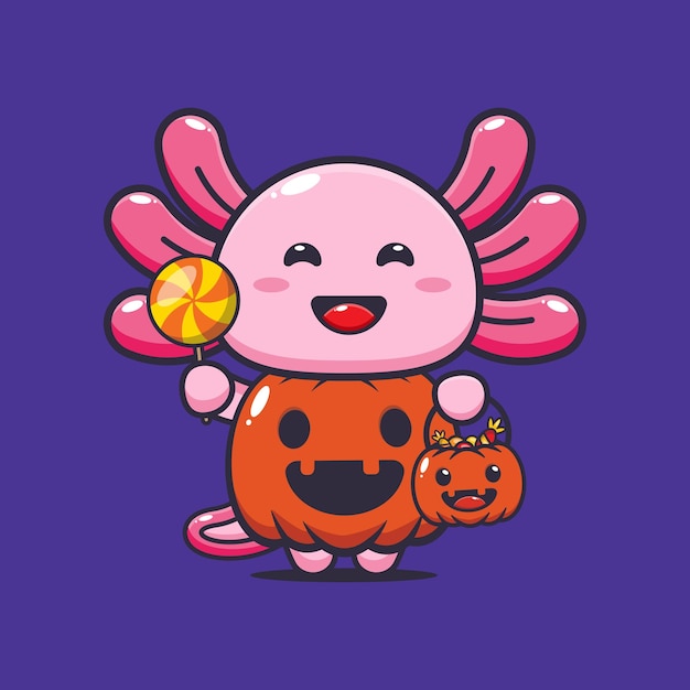 Cute axolotl with halloween pumpkin costume. 
Cute halloween cartoon illustration.