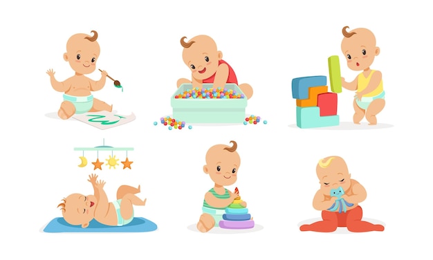 Cute babies play and draw vector illustration on a white background