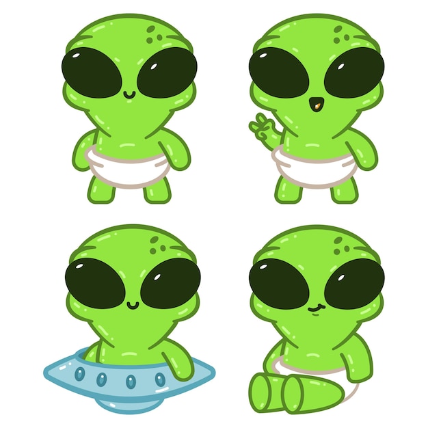 Cute baby alien in diapers vector cartoon characters set isolated on a white background