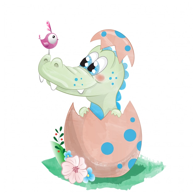 Vector cute baby alligator in egg watercolor drawing