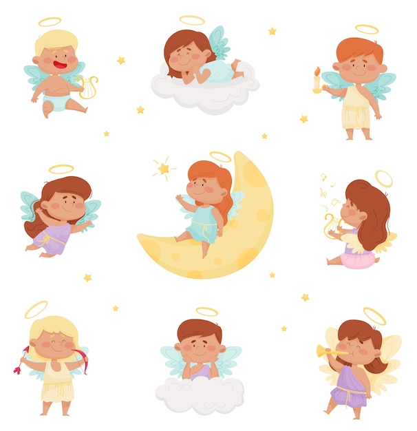 Cute baby angels with nimbus and wings vector set