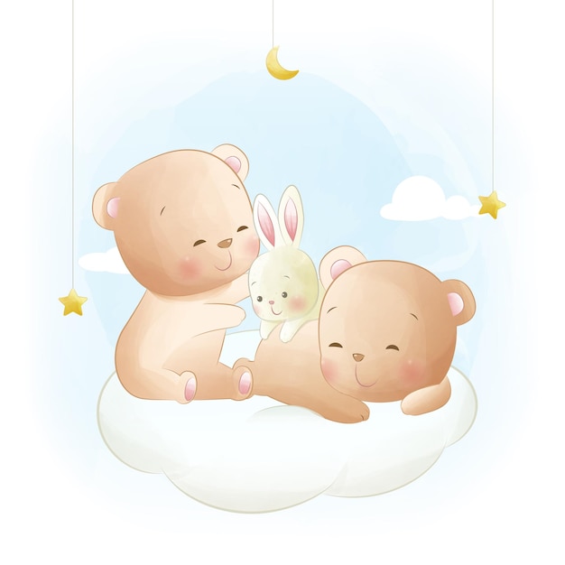 구름에 귀여운 아기 동물 곰과 토끼
