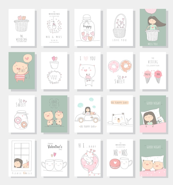 Vector cute baby animal card cartoon hand drawn style