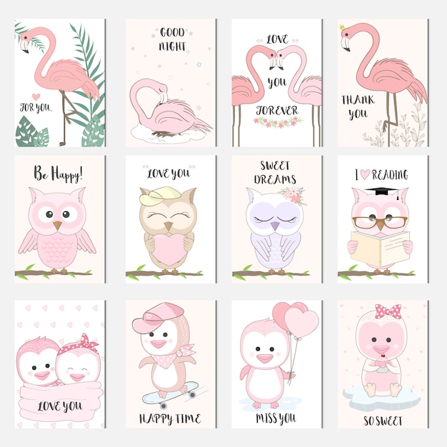 Cute baby animal cartoon bird card set