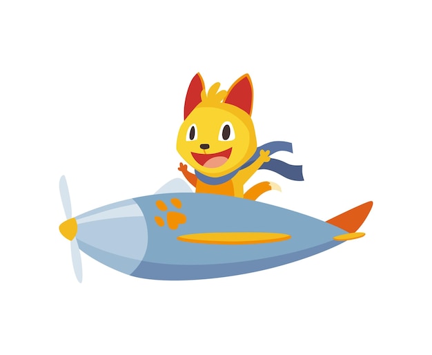 Cute baby animal cat with scarf fluttering on airplane Funny and happy pilot flying on plane Cartoon vector character fly on retro transport