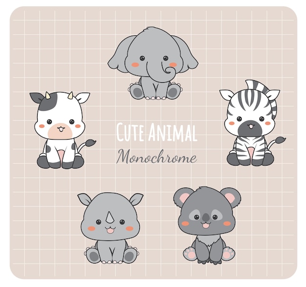 Cute baby animal elephant cow rhino koala zebra kawaii sticker set