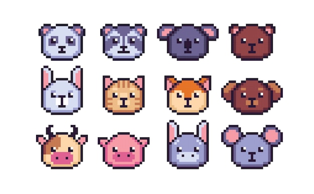 Cute baby animal face pixel art set. kids fauna collection. farm, forest and tropical species avatar