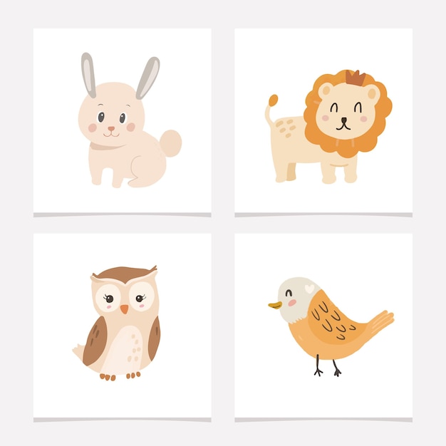 ライオン、ウサギ、フクロウとモダンなかわいい動物の赤ちゃんのポスターミニマリストセットカード