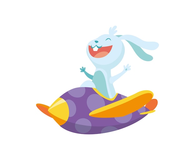 Cute baby animal rabbit on airplane. funny and happy pilot flying on plane. cartoon vector character