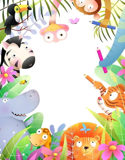 연필 정글 어린이 초대 또는 어린이를 위한 졸업장 프레임 디자인으로 그리기 귀여운 아기 동물