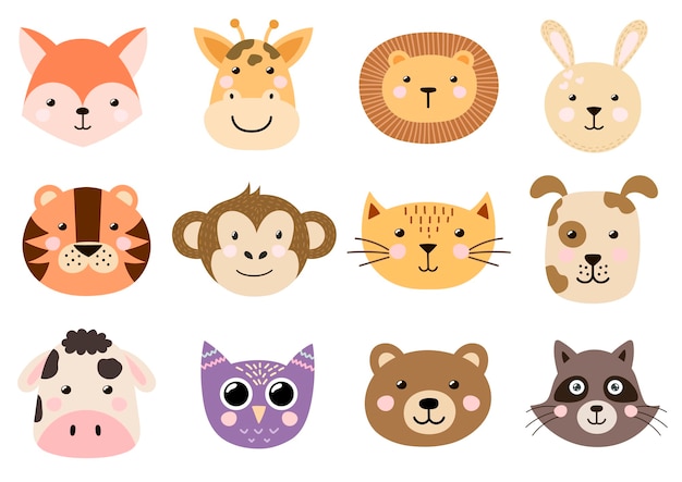 Vector cute baby animals heads collection.