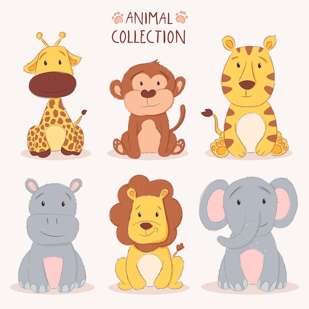 Cute baby animals set. African animals in children style.