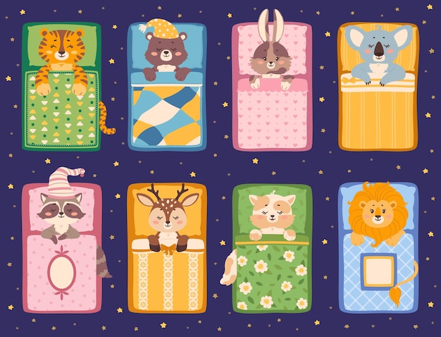 Cute baby animals sleeping in bed sleepy animal characters
cartoon bear cat bunny tiger lying under cozy blanket and pillow
vector set