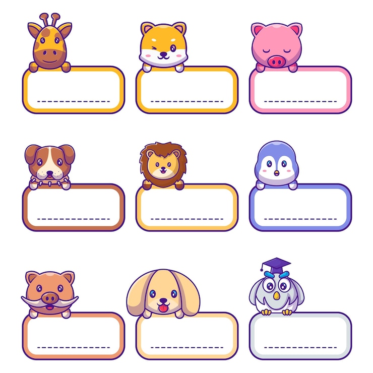 Cute baby animals sticker with label name cartoon hand drawn style