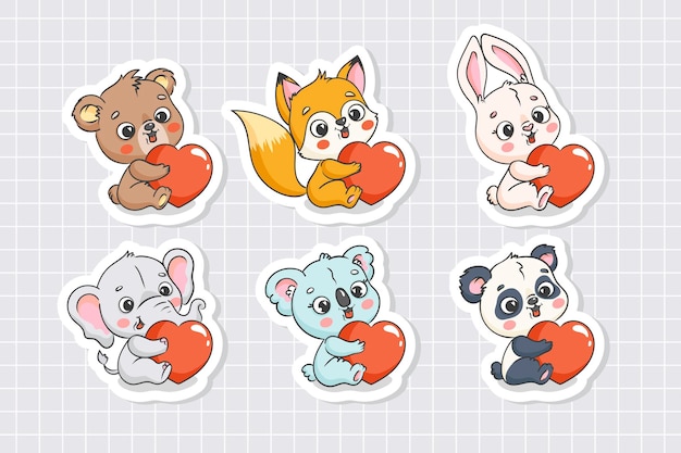 Collezione di simpatici animaletti adesivi orso volpe lepre elefante koala panda con cuore