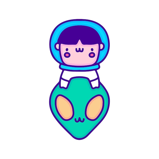 Vettore cute baby astronauta e alien doodle art, illustrazione per t-shirt, adesivi o articoli di abbigliamento.