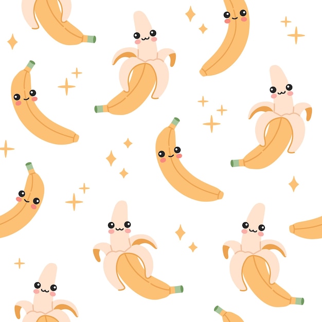 感情の笑顔の漫画のシームレスなパターンでかわいい赤ちゃんバナナの果実。幸せなかわいいエキゾチックな夏の繰り返しの背景。魔法の星、フラット落書き黄色の文字。ベクトル手描きの子供のイラスト