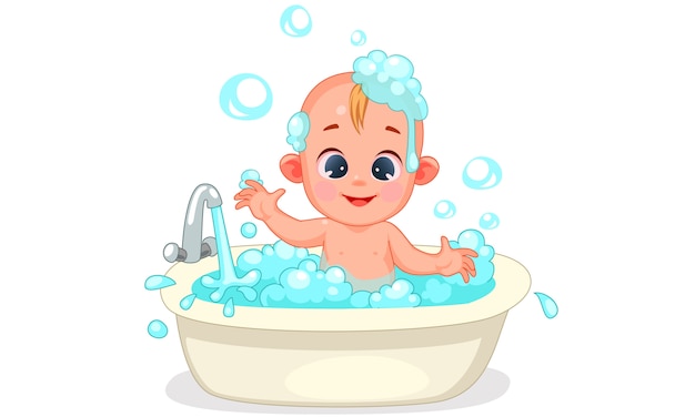  of cute baby bathing with foam and bubbles