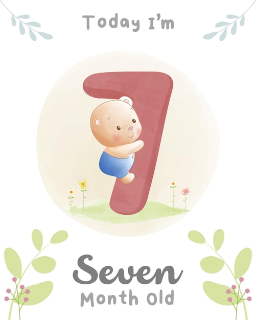 Vector cute baby bear baby shower milestone cards 07 month old