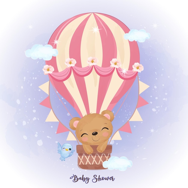 Cute baby bear flying with air balloon