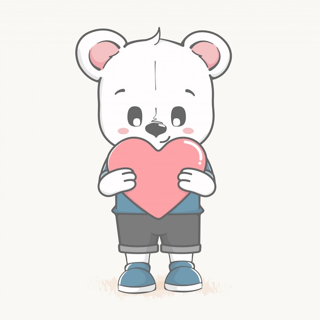 Милый медвежонок держит большое сердце мультфильм рисованной