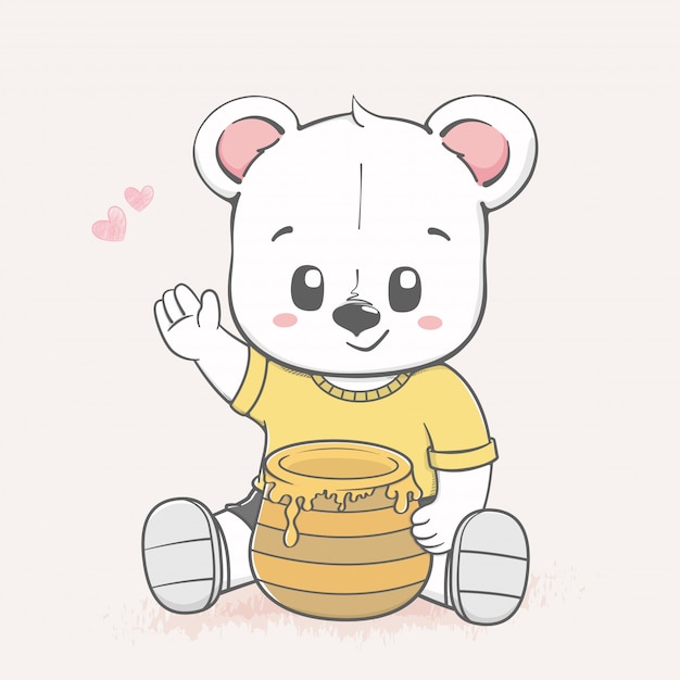 Cute baby bear and honey jar cartoon hand drawn