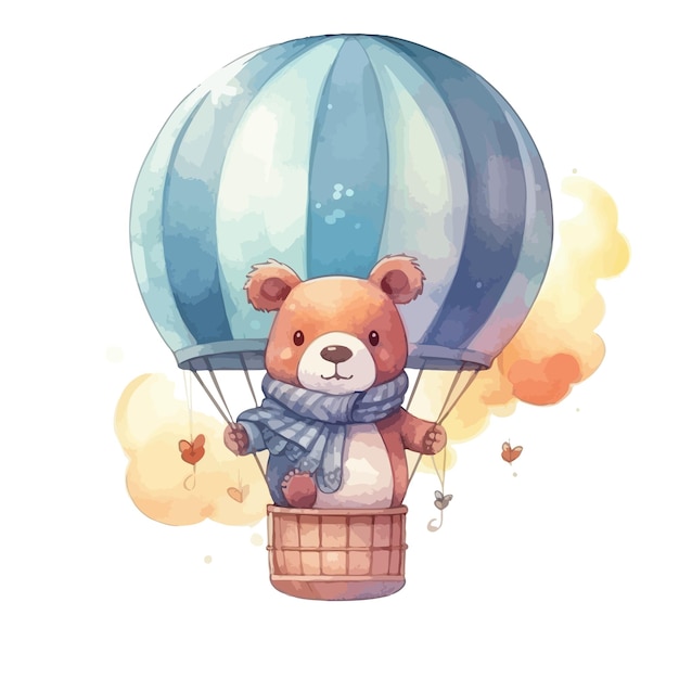 A cute baby bear with air balloon cartoon watercolor white background