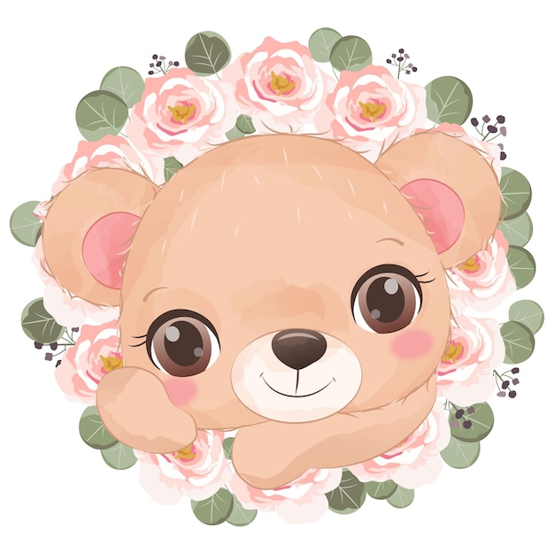 Vector cute baby bear with flowers