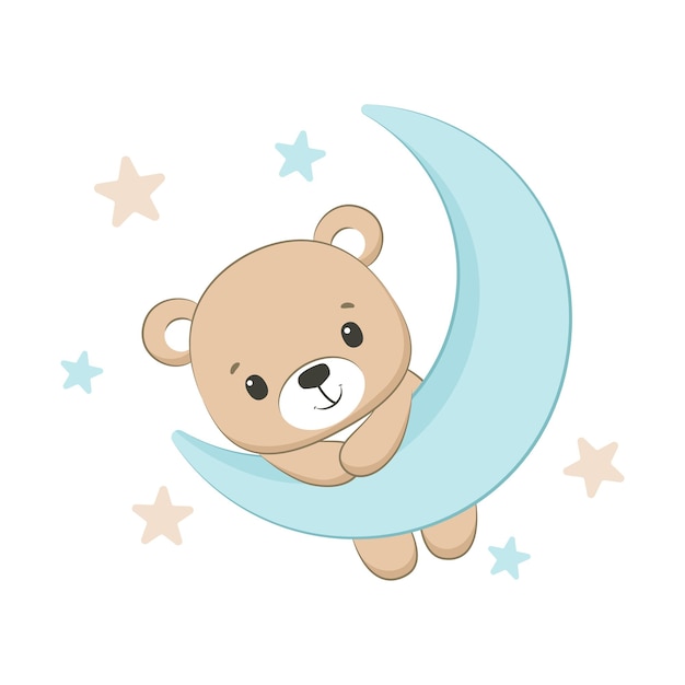 Cute baby bear with moon and stars illustration