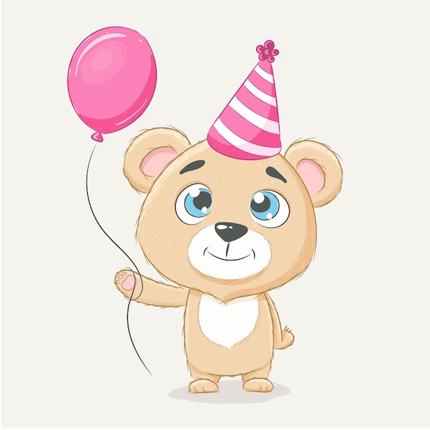 Cute baby bear with party hat and heart balloons