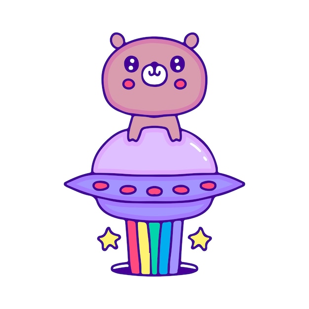 Vettore simpatico orsetto con astronave arcobaleno arte doodle, illustrazione per t-shirt, adesivo.