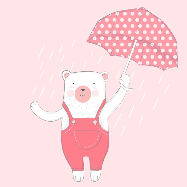 Cute baby bear with umbrella cartoon hand drawn style