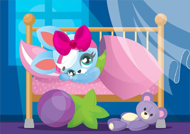 A cute baby bed for newborns with a little hare girl who lies and gets ready for bed Lullaby with soft fluffy pillows and toys around Night children's room Gentle children's illustration