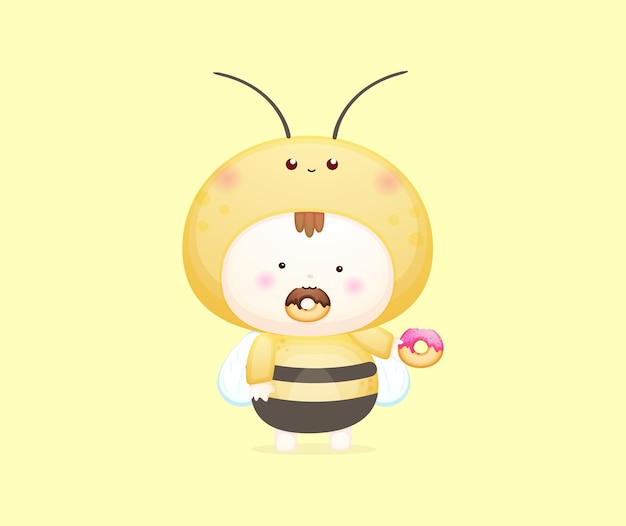 Cute baby in bee costume eating donut vector illustration. Mascot cartoon illustration Premium Vector