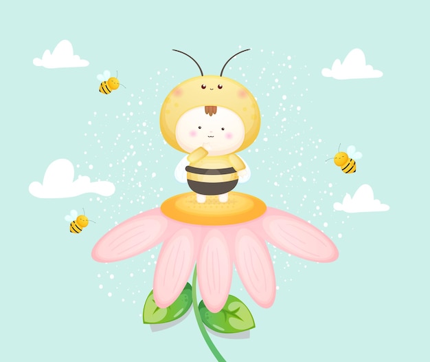 Bambino sveglio in costume dell'ape sul fiore. illustrazione del fumetto della mascotte vettore premium