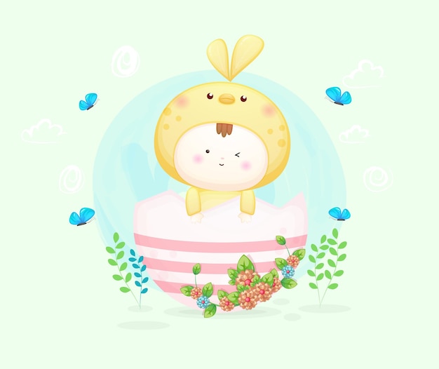 Cute baby in bird costume with colorful egg. mascot cartoon illustration premium vector