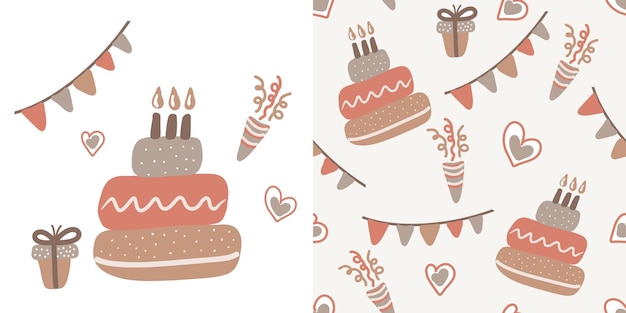 Cute baby Birthday Cakes Seamless Pattern Tasty Celebratory Decorated Bakery Cupcakes With Burning Candles on beige Background Greeting Card Wrapping Paper Wallpaper Cartoon Vector Illustration