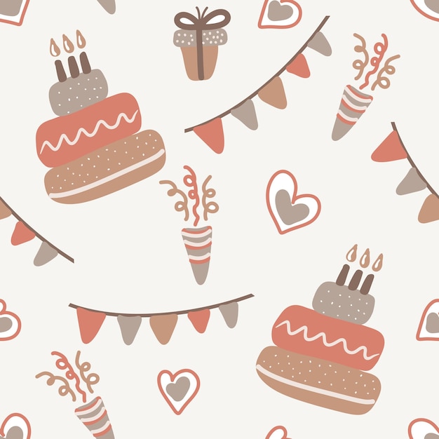 Симпатичные детские торты ко дню рождения бесшовный узор вкусные праздничные украшенные хлебобулочные кексы с горящими свечами на бежевом фоне поздравительная открытка оберточная бумага обои мультфильм векторная иллюстрация
