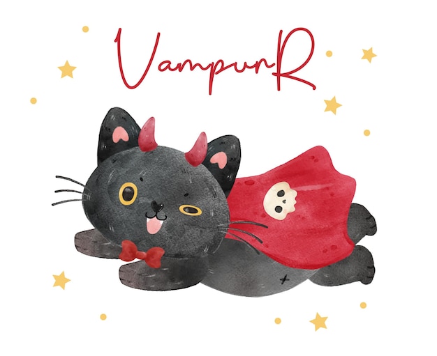 Милый ребенок черная кошка в костюме вампира на Хэллоуин летит акварелью мультяшный животное домашнее животное векторная иллюстрация