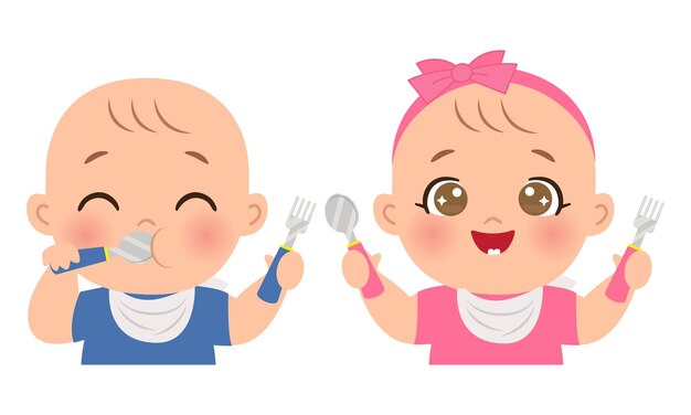 ベクトル 可愛い男の子と女の子がスプーンとフォークで食べる