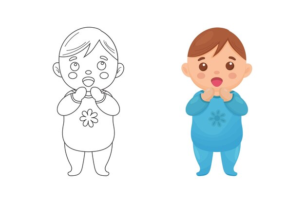 Cute baby boy coloring page and colorful clipart character