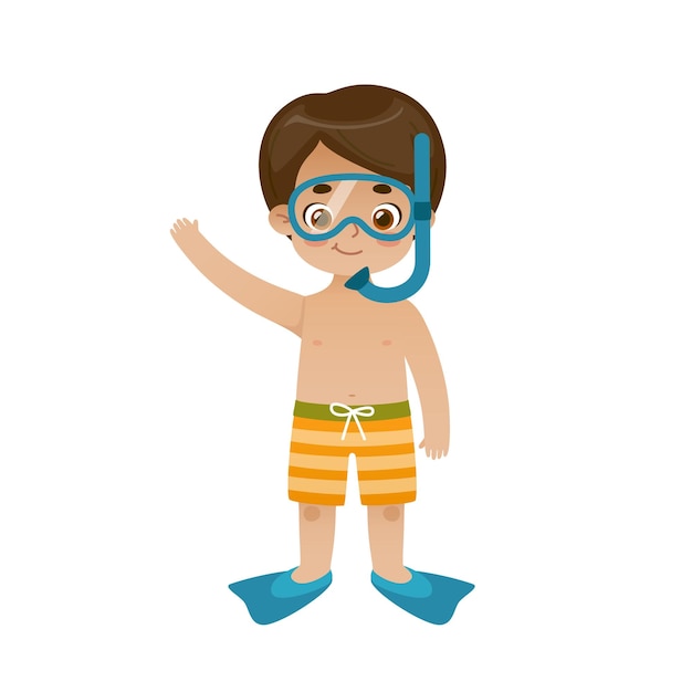 Cute baby boy diver Cartoon child standing in snorkeling mask and flippers Adorable kid