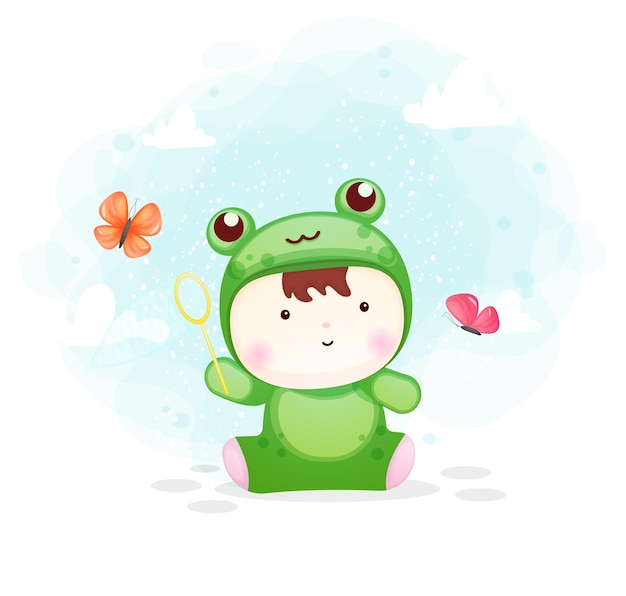 Cute baby boy in frog costume catching butterfly 