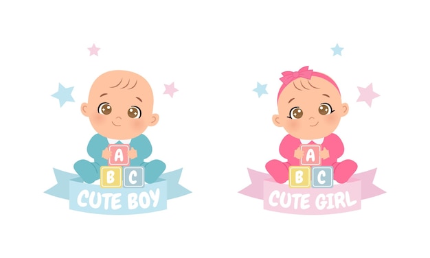 Vector cute baby boy and girl announcement template