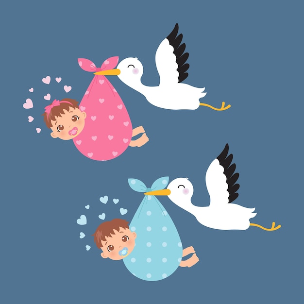 Vector cute baby boy and girl carried by a stork. baby shower decoration clip art.