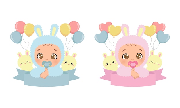 Cute baby boy and girl in rabbit costume birthday celebration