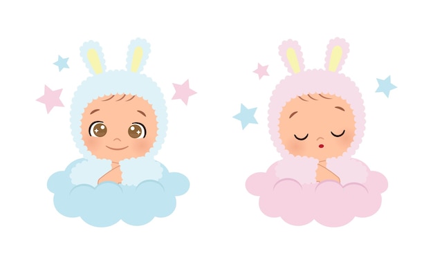 Cute baby boy and girl in rabbit costume